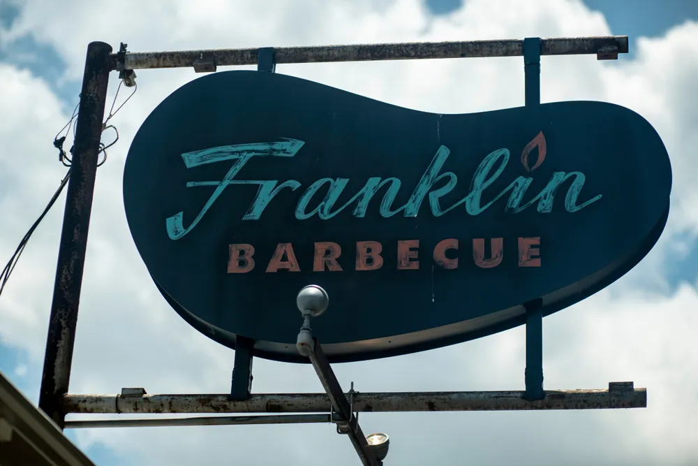 The Franklin Barbecue sign outside the restaurant in Austin, Texas. Franklins BBQ continues to be highly successful since its founding in 2009.