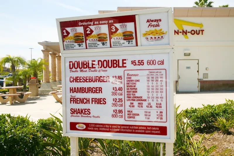 The menu board at an In N Out Burger location's drive-thru. In-N-Out Burger menu items are displayed.