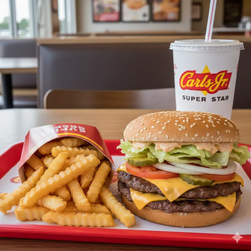 The Super Star with Cheese is one of Carl's Jr.'s most iconic menu items. Paris Hilton Carls Jr famously showed the celebrity eating this burger in a commerical.